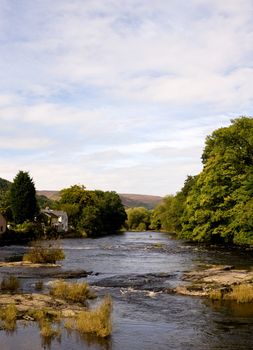 Vertical view of a wide river through Llangollen in Wales