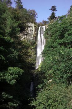 Overview of Pistyl Rhaeadr Waterfall near Llanrhaeadr in Wales