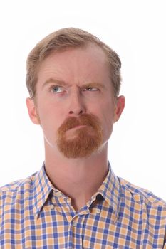 Portrait of thinking man on white background