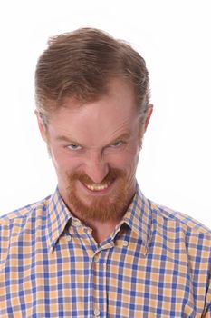 Portrait of angry man on white background