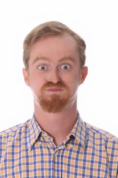 Portrait of amazed man on white background