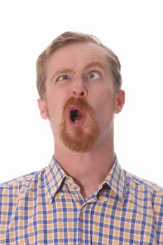 Portrait of funny man on white background