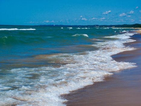 Michigan lake coastline surf and waves on sandy beach