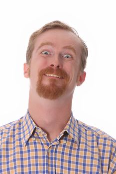 Portrait of funny man on white background