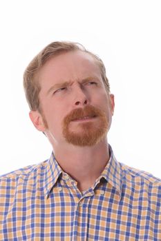 Portrait of thinking man on white background