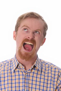 Portrait of funny man on white background