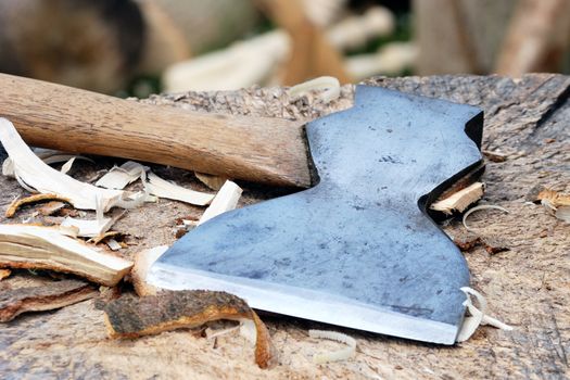 axe on wooden chopping block
