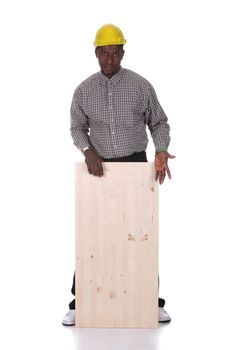 Young african american carpenter holding wooden plank on white background 