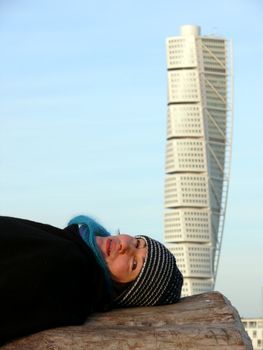 portrait of woman meditating in wintertime