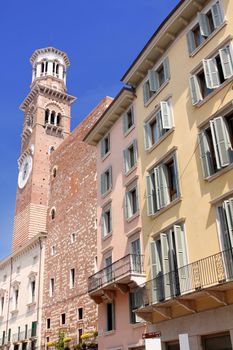 details Tower Lamberti in city Verona, Italy