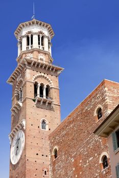 details Tower Lamberti in city Verona, Italy