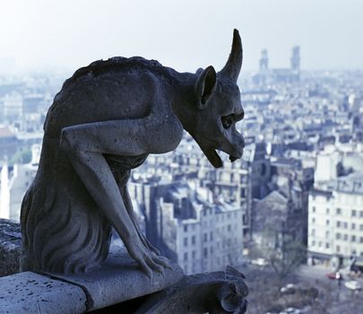 Close-up of Gargoyle overlooking Paris suburbs from Notre Dame cathedral