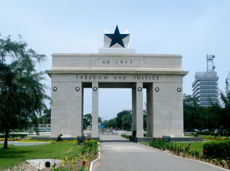 Front view of the Freedom and Justice Arch monument in the capital of Ghana