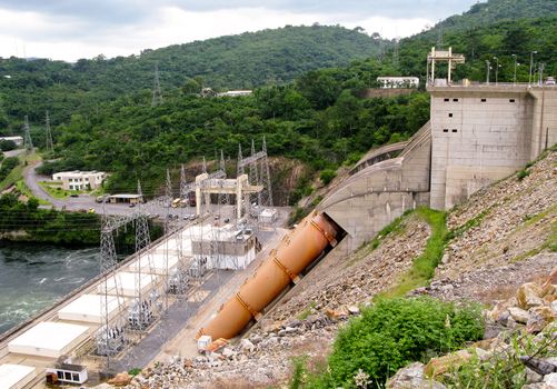 View of the dam and hydro-electric generators and pylons in Ghana in Africa