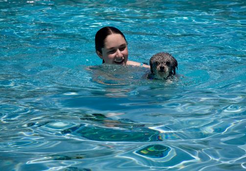 Girl and small puppy swimming in a blue swimming pool