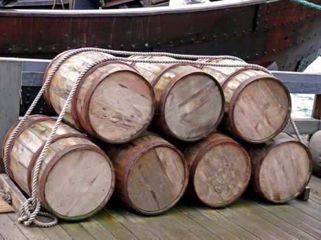 portrait of old ancient stock oak barrels 