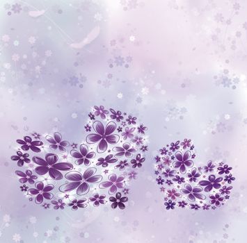 Hearts from flowers on a violet background