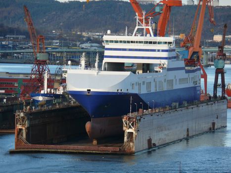 portrait of passenger ship in Swedish Gothenburg habour carried by platform