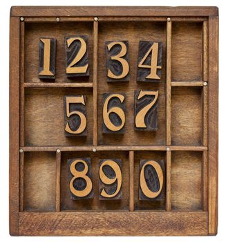 ten arabic numerals from zero to nine, vintage wood letterpress blocks stained by black ink in old typesetter case with dividers