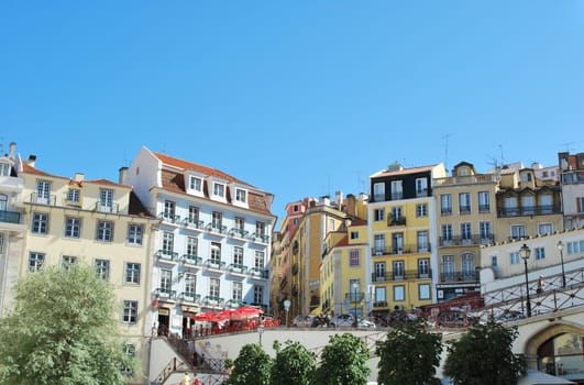colorful buildings in a famous square in Lisbon, Portugal