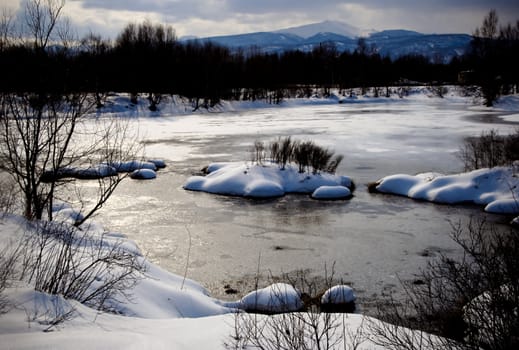 Nice winter lake scene in the Russia