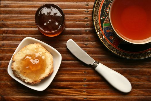 Tea breakfast over bamboo background