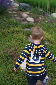 A cute little boy runs and plays in a garden.