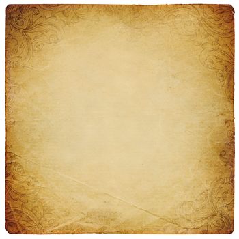 Ornated vintage square shaped paper sheet. Isolated on white.