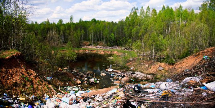 Garbage dump in green forest. Wide shot.