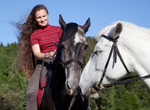 A girl with two horses in the woods in summer