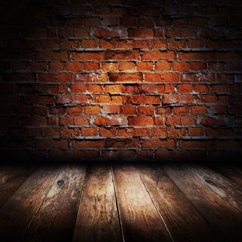 Interior of rural house. Brick wall and wooden floor scene.