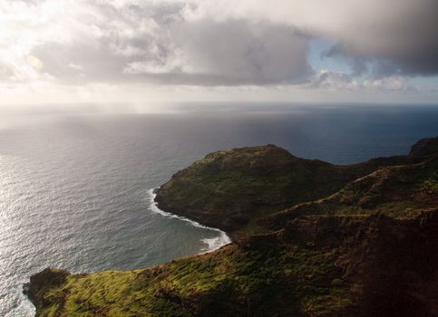 View of rocky headlands on coast of Kauai near Na Pali
