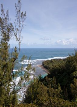 Aerial view of Ke'e beach from a point on the Kalalau trail on north coast of Kauai