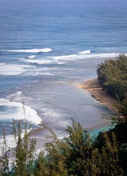 Aerial view of the Ke'e beach in Kauai taken from the trail along the coast