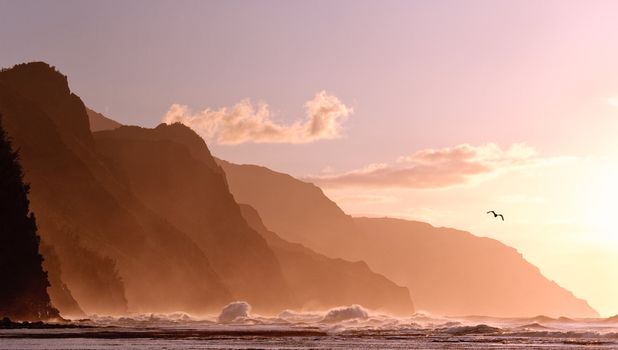 Receding headlands of Kauai coastline illuminated at sunset over a stormy sea with a distant bird