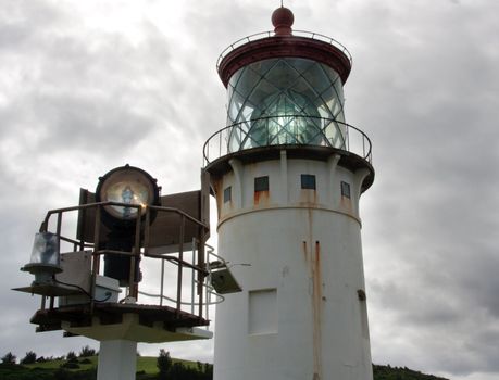 Close up of the Kilauea lighthouse off the coast of Kauai with a modern replacement lamp