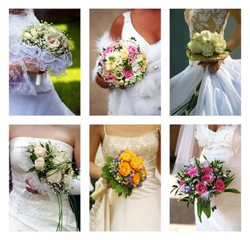 Six different bouquets in hands of brides