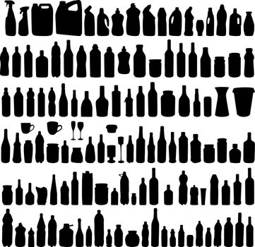 Large collection of vector illustration of the different bottles silhouettes