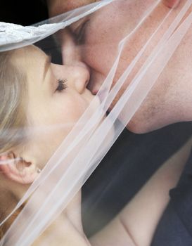The groom and the bride kiss having closed by a veil