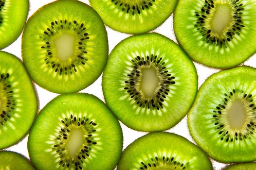 Green kiwi slices whit a white background.