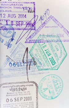 Page of generic passport stamps from thailand, indonesia, singapore