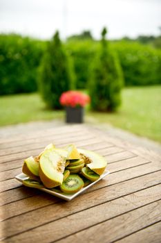 Melon and kiwi fruit on a white plat, Refreshment on a sommer day.