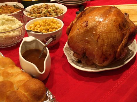 A huge spread of foods for a holiday dinner