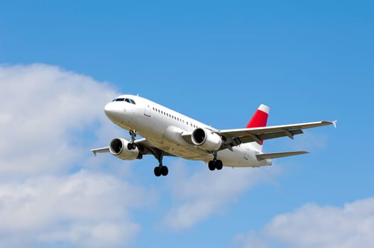 Plane on a blue and cloudy sky.