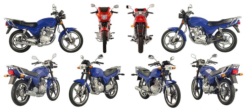 Collection of photos of scooters and motorcycles on a white background. Some images from different foreshortenings in one file.