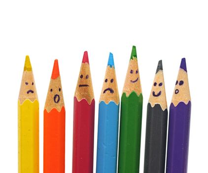 Happy group of pencil faces as social network isolated on white