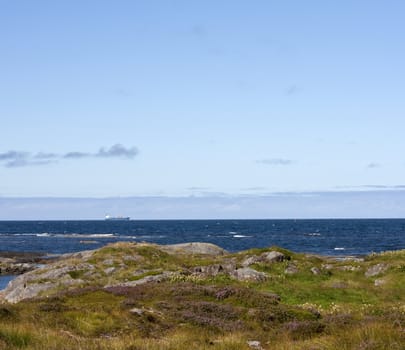 Coastal landscape with ship passing in the horizon