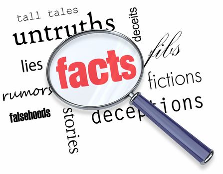 A magnifying glass hovering over several words like deceptions and lies, at the center of which is Facts