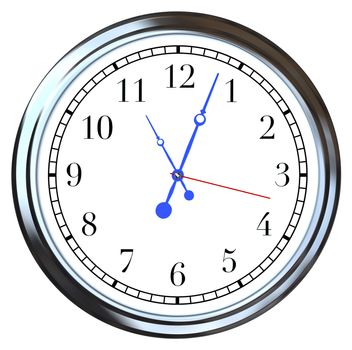 A white clock with blue minute and hour hands, red second hand, and shiny metal frame