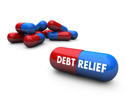 Close-up of some pills, with one featuring the words Debt Relief